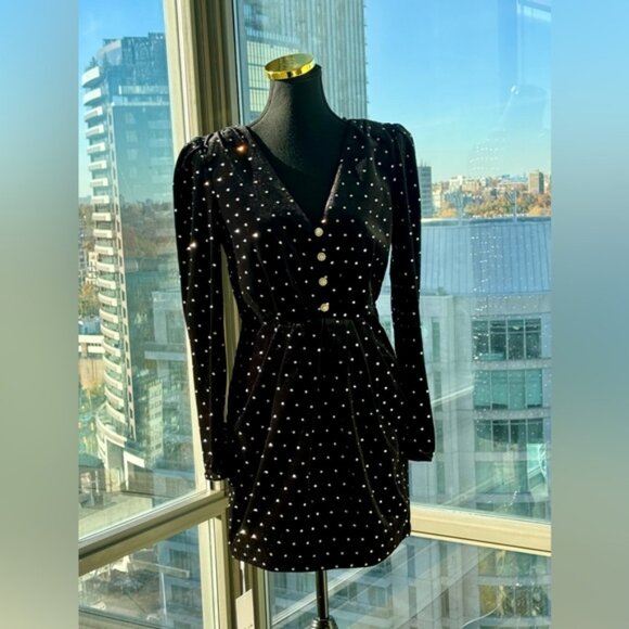 🆕 SELF-PORTRAIT 🧿NWOT Crystal Embellish Velvet Diamante Mini Dress, Sz US4 UK8 - Picture 3 of 16